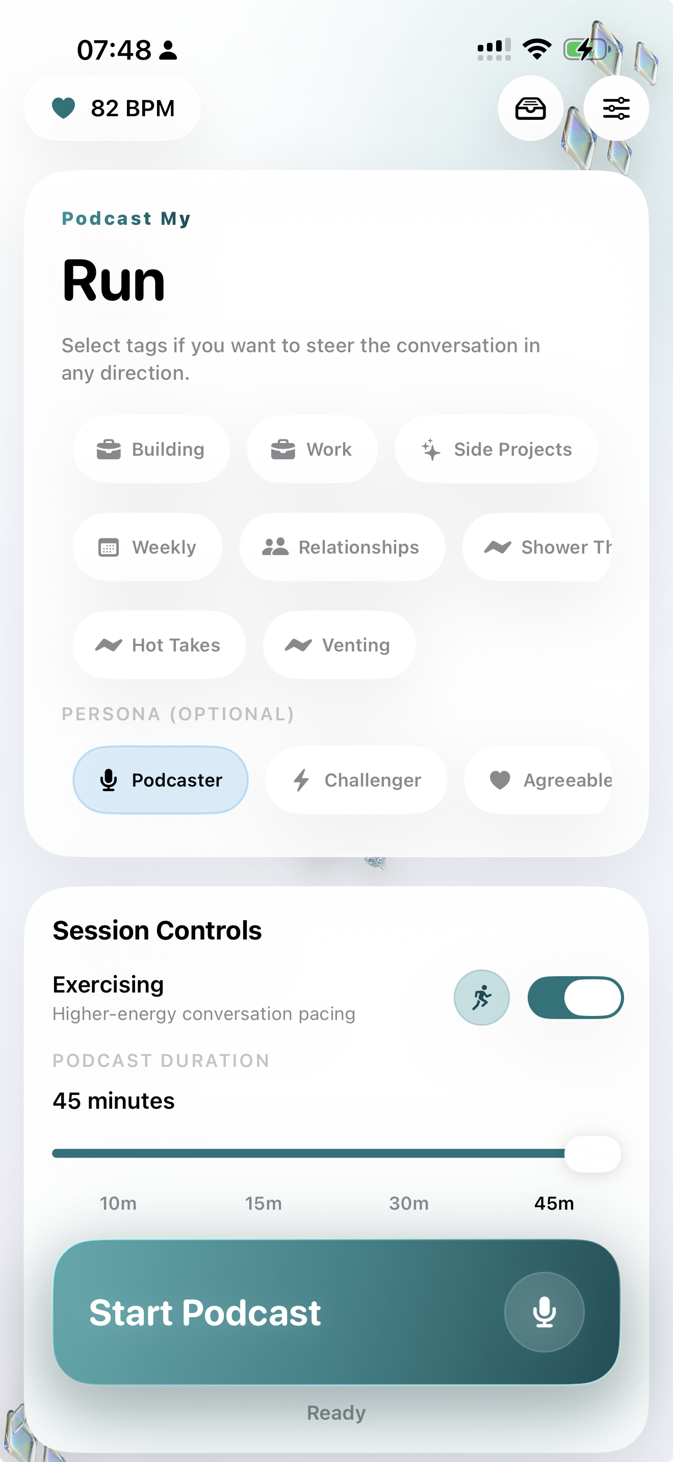 PodcastMyX signed-in iPhone screen with heart rate, topic tags, personas, and session controls